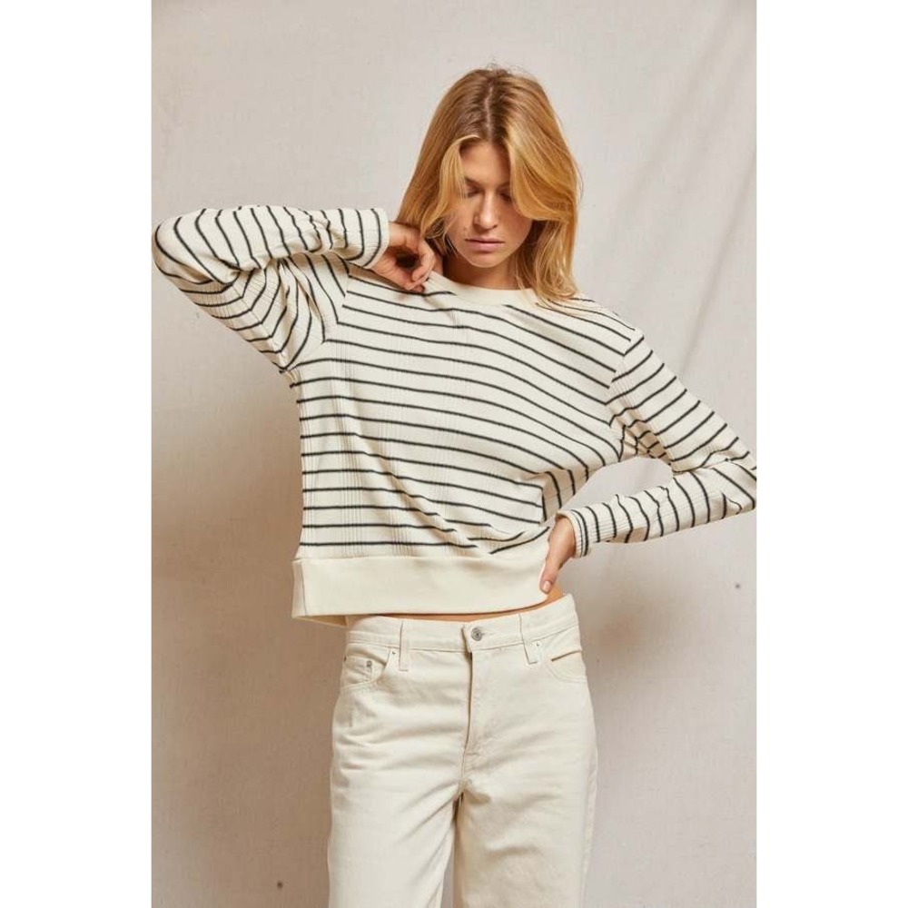 PERFECT WHITE TEE Stef Luxe Rib Pullover Sweatshirt Striped Cream Black XL